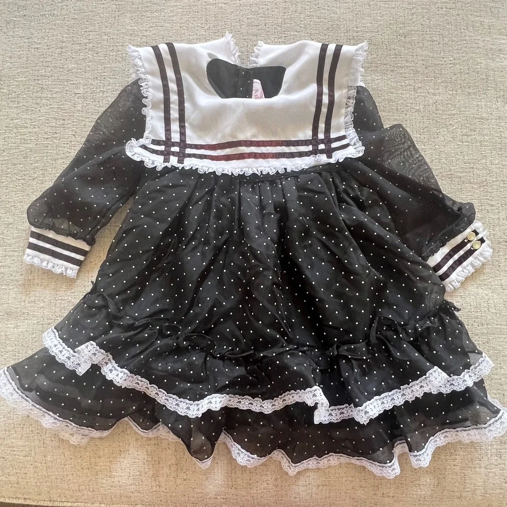 Sweet n Sassy Vintage Girls Fancy Dress Black Polka Dot Lace Ruffle‎ Sz 5